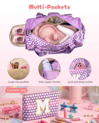 Rainbow Pink Kids Weekender Bag Set for Girls - Personalized Birthday Gift, Dance & Travel Duffle & Makeup Pouch - Vogewood