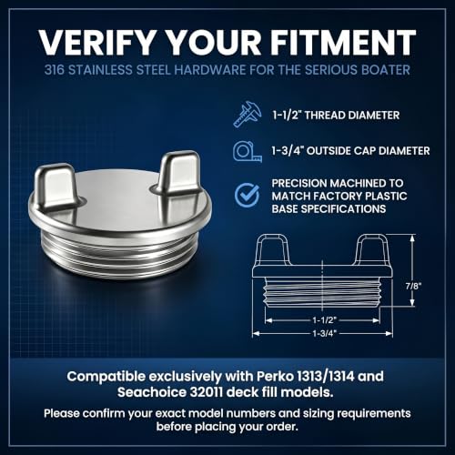 TurtBluse 1PC Marine Deck Fill Cap 316 Stainless Steel, 1-1/2" Thread, Replaces Perko 1313/1314 & Seachoice 32011
