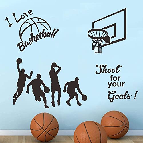 Basketball Wall Sticker for Boys Room - Action Silhouettes & Hoop Design with ¡°I Love Basketball¡± Quote - Removable Vinyl PVC Decal for Bedroom, Playroom, Sports Decor - 32x23 Inch JWH178 (Black)