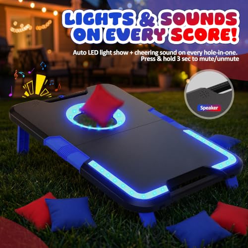 LED Cornhole Board Set with Glow-in-Dark Target & Sound Effects - Foldable Portable Game