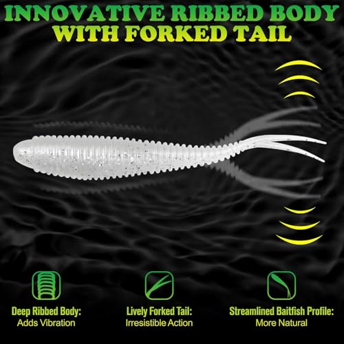 Luckyfishing Pearl White 3.5in Soft Plastic Baits 30pcs Forked Tail for Bass Walleye