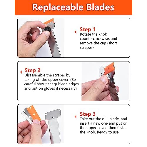 Razor Blade Scraper, Long Handle Scraper Tool with 10 Plastic and 10 Metal Blades - Ideal for Removing Labels, Stickers, Appliance Grease, and More from Windshields, Tint, and Glass (Orange)