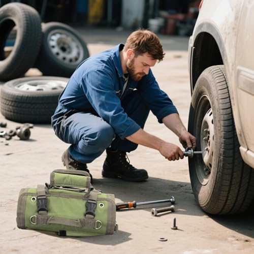 Roll Up Tool Bag Organizer, 11 Pockets Heavy Duty Storage Tool Bag Pouch Organization Portable Foldable Detachable Gifts for Men, Mechanic, Electrician, Craftsman, with 2 Small Pouches, Green (Green)