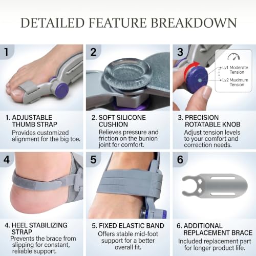 Gray 2-Pack Bunion Corrector & Silicone Toe Separators for Hallux Valgus, Overlapping Toes, Hammer Toe Relief — Adjustable Knob & Day Use