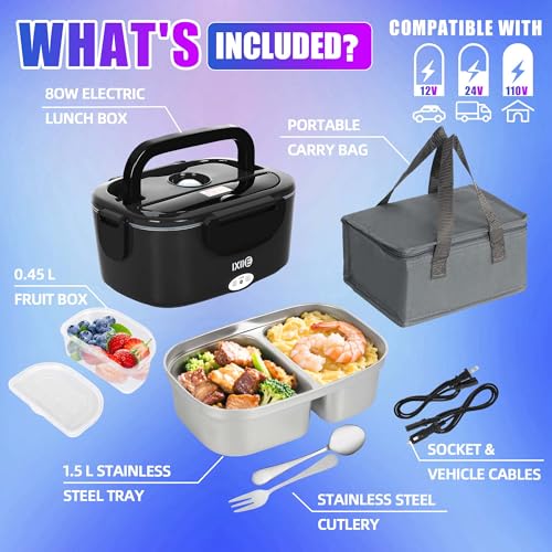 IXIIE 1.5L Black Electric Lunch Box with Dual Stainless Steel Compartments