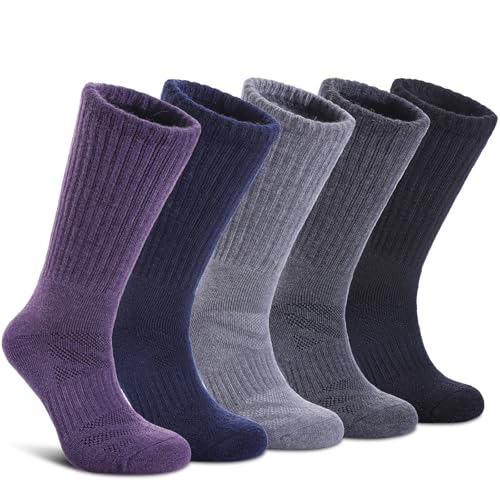 Thermal Merino Wool Hiking Socks - Medium, 5 Pairs Solid Color
