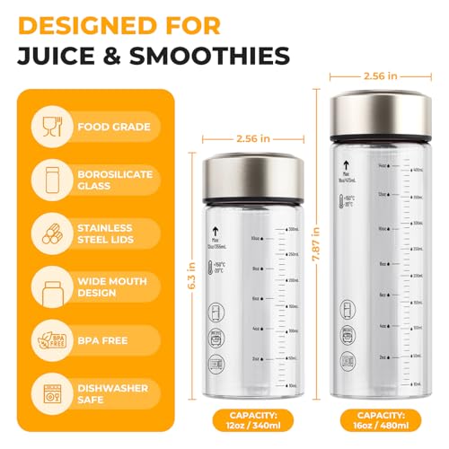 Sursip 12oz Clear Wide Mouth Borosilicate Glass Juice Bottles - 4 Pack with Leakproof Lids