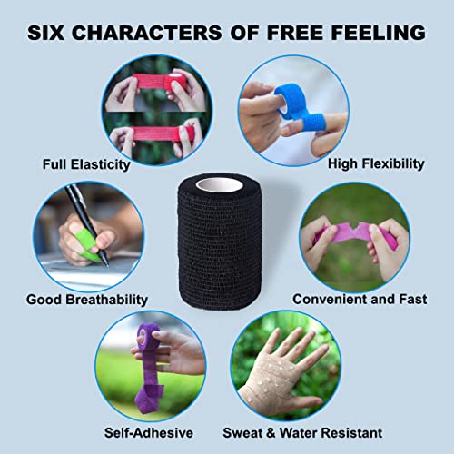 Self Adhesive Bandage Wrap - 12 Rolls 1" x 5 Yards, Mixed Colors