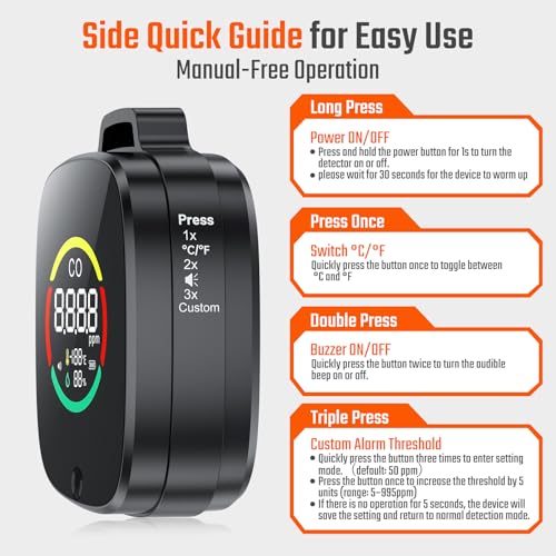 Portable Carbon Monoxide Detectors, 3-in-1 CO Detector with Magnetic Suction, Travel Size CO Alarm with Temp/Humidity, Custom Alarm Thresholds, 240HR Standby, Carbon Monoxide Monitor for Hotel RV Car