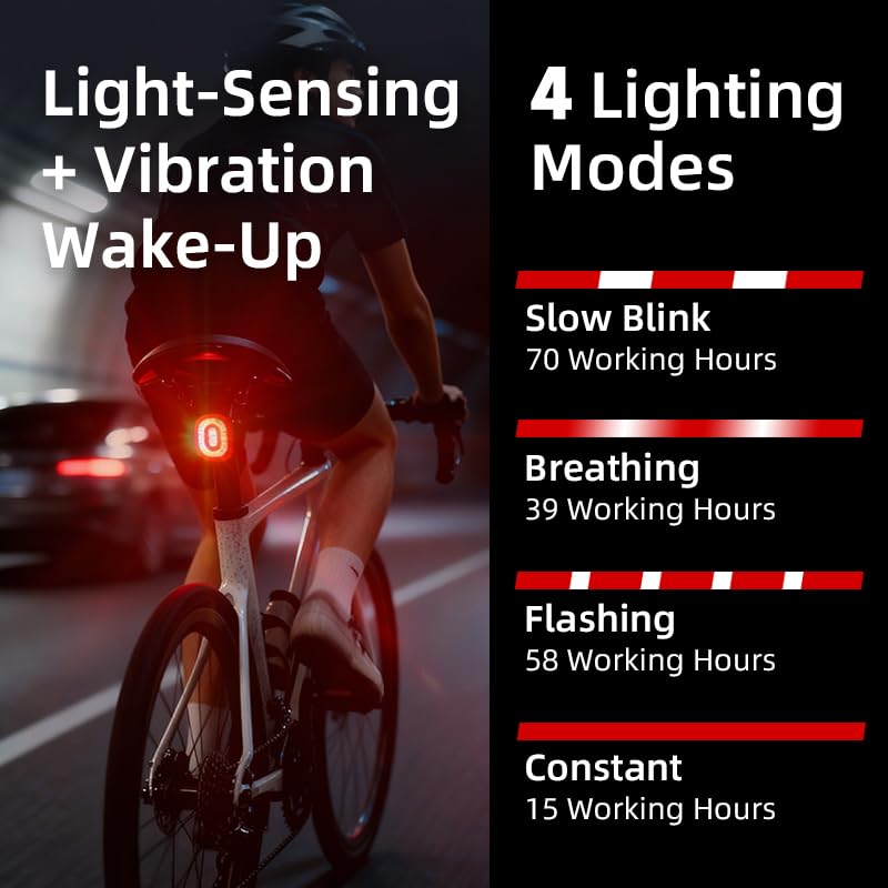Smart Brake Sensing Bike Tail Light, IPX6 Waterproof USB-C Rechargeable Rear Light with 4 Modes & Same Frequency Induction for Night Cycling Safety