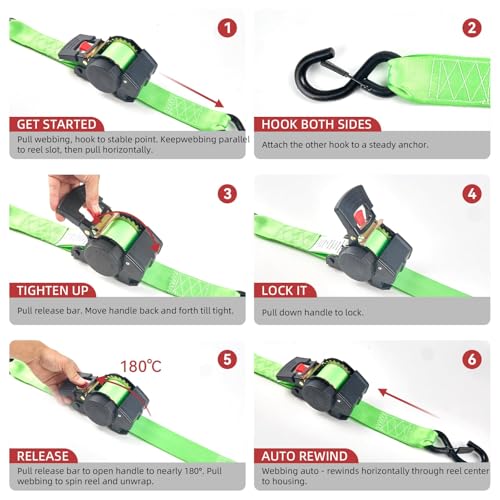 Retractable Ratchet Tie-Down Straps 1" x 10ft, 1800 lbs, Heavy Duty