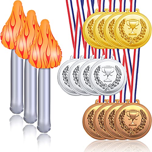 15 Pcs Inflatable Torch and Medals Set - Silver Gold Bronze
