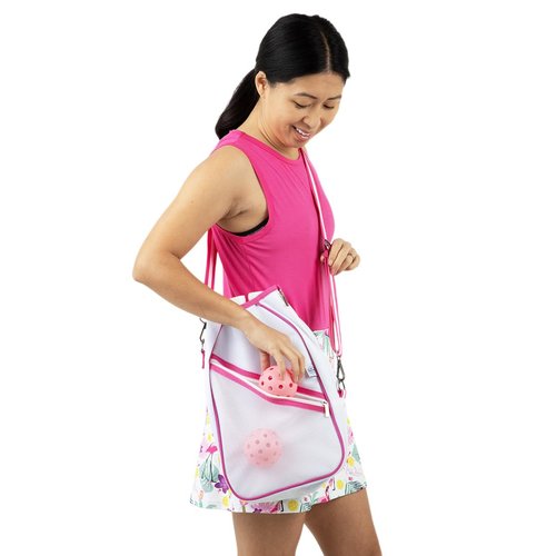 Queen of the Court Pickleball Paddle Bag Crossbody style for Women (White/Pink)