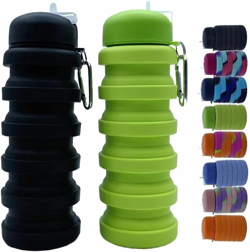 Skiennix Collapsible Water Bottles - 2 Pack 16oz Portable Silicone for Travel & Outdoor | Black & Green