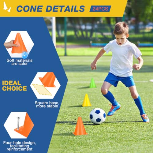 7 Inch Soccer Cones - 24 Pack Durable Agility Training Cones in Various Colors