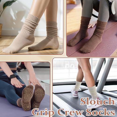 Slouchy Pilates Socks with Grips - 3 Pack - Off White, Light Brown, Khaki