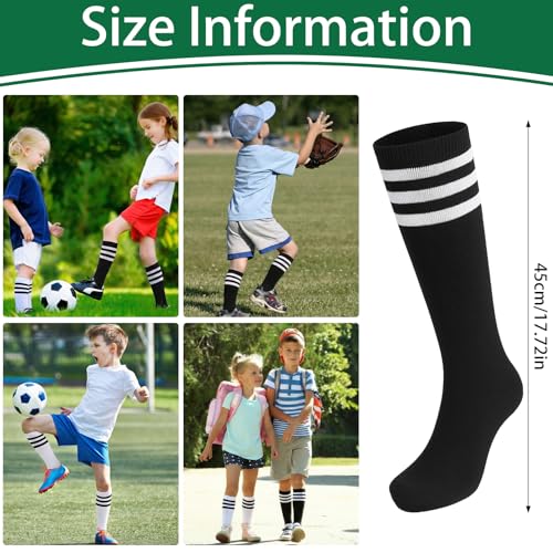 Kids Soccer Socks - Striped Knee High Athletic Socks - White & Black - Ages 6-9