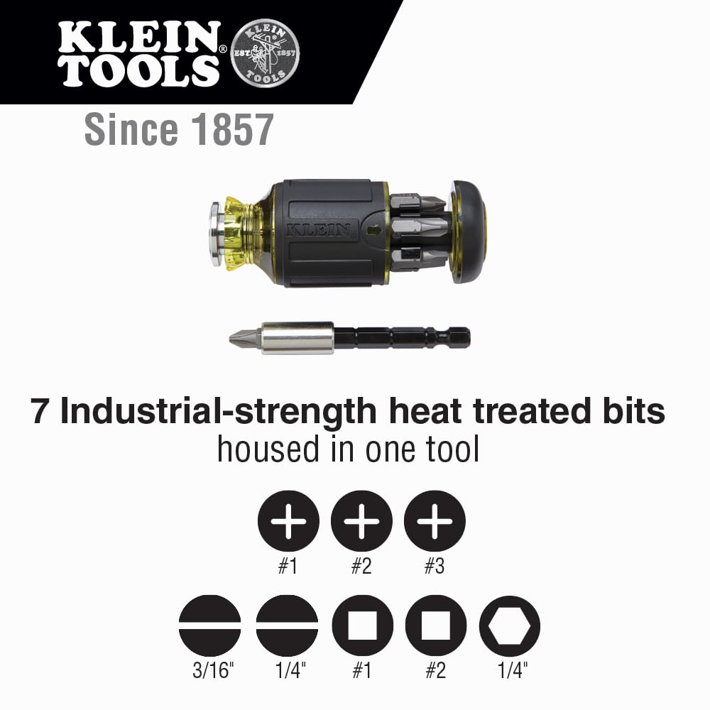 Klein Tools 32308F Impact Driver Set, 10-in-1 Stubby Screwdriver Driver Set, Hex Flip Socket, 7 Bits, 1/4-Inch Bit Holding Feature, 10-Piece