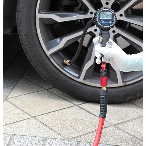 Heavy Duty Reinforced Polyurethane Recoil Air Hose 1/4 in x 10 ft, Lightweight, Flexible Compressor Hose with Universal Quick Coupler, Plug and Bend Restrictors, Red