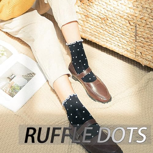 CHUNFO White Stripe Ribbed Frilly Socks 4Pack Women's Crew Socks US 5-9, One Size