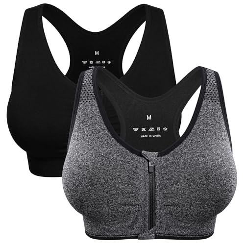 Zip Front Sports Bra for Women - Wireless Mastectomy Bra - Large Black+Grey 2 Pack