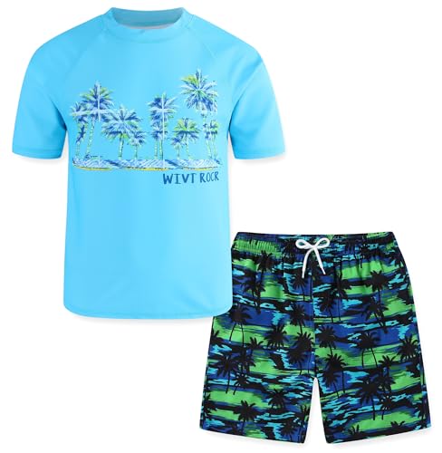 SeaKKO Boys Rash Guard Swim Set with Trunks - Blue Palm Tree, Size 4-16, Quick Dry