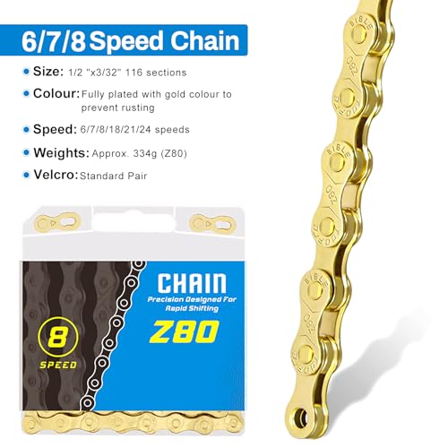 Gold 6/7/8 Speed Bike Chain - 1/2x3/32 Inch, 116 Links