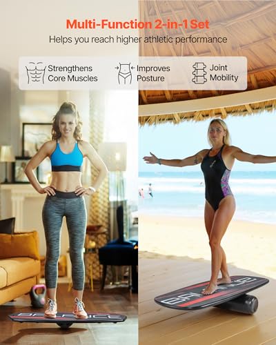 VEVOR 32 Inch Balance Board Trainer for Adults - 2-in-1 Wooden Wobble & Surf Training Equipment with Roller, Magnetic Stoppers, Storage Rack