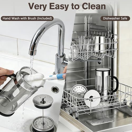 MOYAC Chrome French Press 34oz | Thickened Heat-Resistant Glass, 4-Level Filtration
