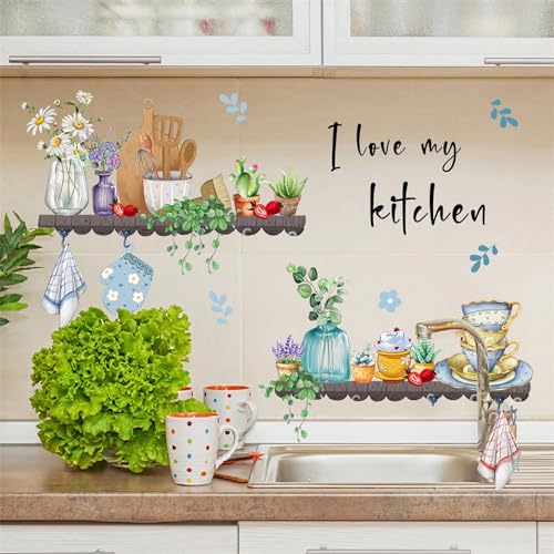 Bowl Kitchenware Utensil Shelf Wall Stickers, sacinora I Love My Kitchen Potted Flowers Wall Decals Removable Vinyl Peel and Stick for Kitchen Dining Restaurant Baking Room Bar Door Home Decor