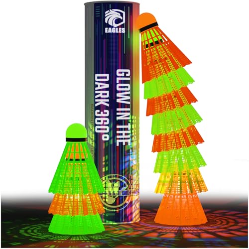 EAGLES 360° Glow Badminton Shuttlecocks (5-Pack) LED Nylon Feather – 360° Glow in the Dark
