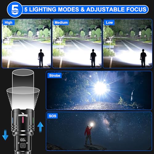 Shadowhawk Flashlights High Lumens Rechargeable - 2000 Lumen 30W Super Bright LED Flash Light with LCD Display, 3937ft Beam & 12H Runtime, Handheld Waterproof Flashlight for Home, Camping, Emergency