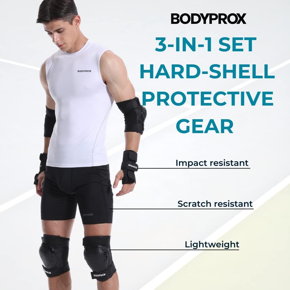 BODYPROX Knee Pads, Elbow Pads & Wrist Guards Set - Ultimate Protection for Skating & BMX Riding