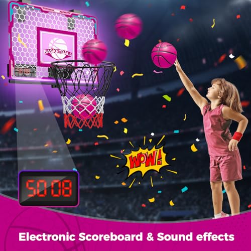 Indoor Light-Up Basketball Hoop for Kids & Teens - Portable, Sturdy, Pink Backboard