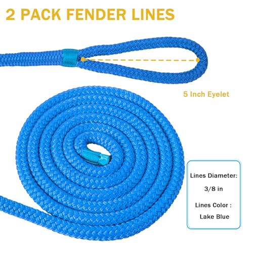 PropelTech Lake Blue 3/8" x 6ft Nylon Boat Fender Lines - Marine Dock Ropes