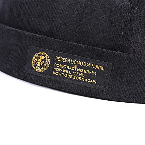 Men's Black Docker Cap with Rolled Cuff - Adjustable Sailor Beanie Hat, One Size