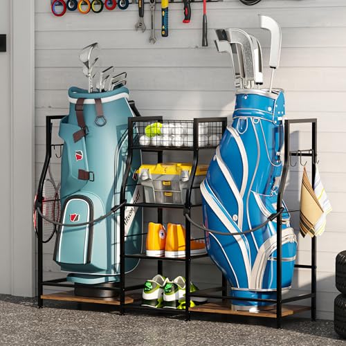 Golf Bag Storage Organizer - Holds 2 Golf Bags & Accessories