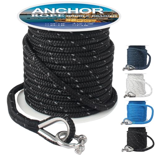 ORLANG 1/2 Inch x 100 Ft Double Braided Marine Anchor Rope with Reflective Strip, Stainless Steel Thimble & Shackle for Boating & Mooring, Black
