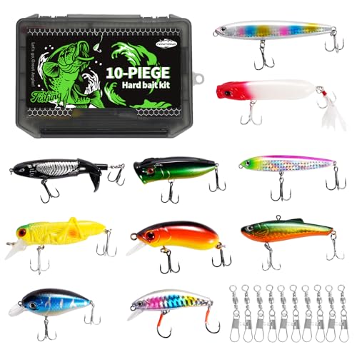 FONMANG 10pcs Hard Bait Fishing Kit with Tackle Box - Lures for Bass Walleye Trout