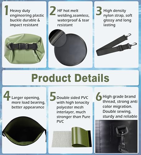 Soulsfeng Green 10L Waterproof Roll-Top Dry Backpack for Boating, Kayaking, Beach & Travel