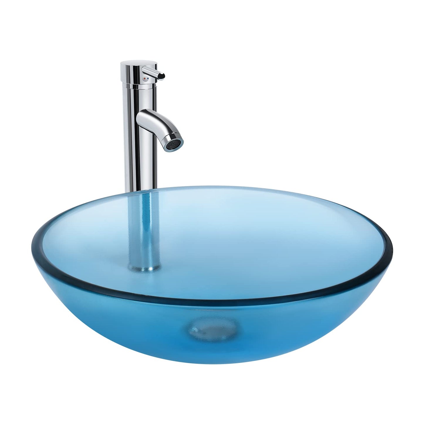 Bathroom Vessel Sink, Tempered Glass Vanity Round Bowl with Chrome Faucet and Pop up drain Set, Blue