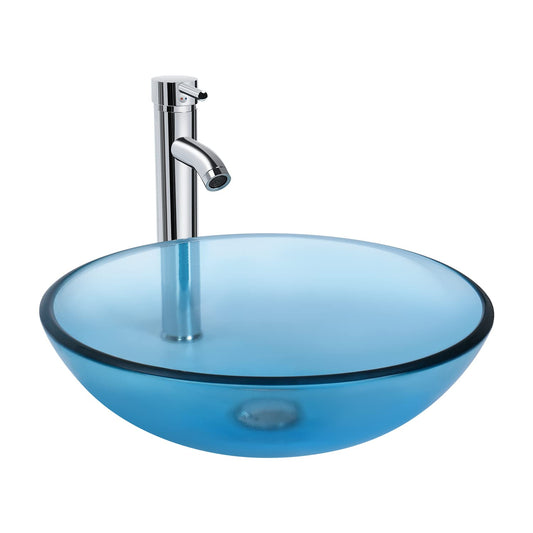 Bathroom Vessel Sink, Tempered Glass Vanity Round Bowl with Chrome Faucet and Pop up drain Set, Blue
