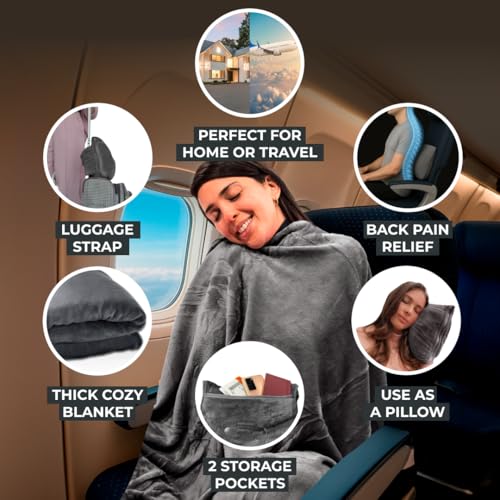 FlyHugz Grey Travel Blanket & Pillow Set (59.1"x47.2") with Carry Case, Luggage Sleeve & Clip – Portable, Lightweight, Breathable & Washable – Perfect for Plane, Car, Camping & Travel