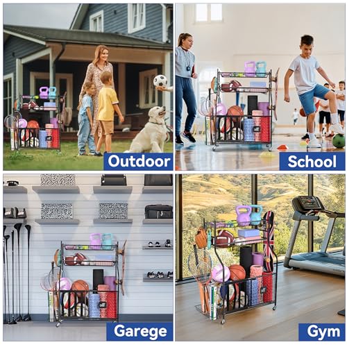 Heavy-Duty Sports Equipment Organizer Cart with Hooks & Bins