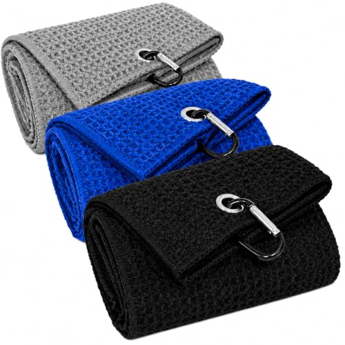 Microfiber Golf Towels 3 Pack - 16"x16" Waffle Pattern - Black/Blue/Gray