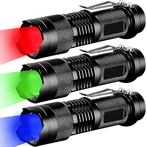 MVIOCS 3-Pack Mini LED Flashlights with Red, Green, Blue Lights, Zoomable, Portable Torch for Camping & Outdoor Use