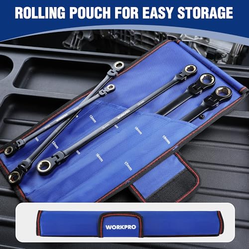 WORKPRO Metric Extra Long Flex-Head Ratcheting Wrench Set, 5-Piece, Anti-Slip, 8-19mm