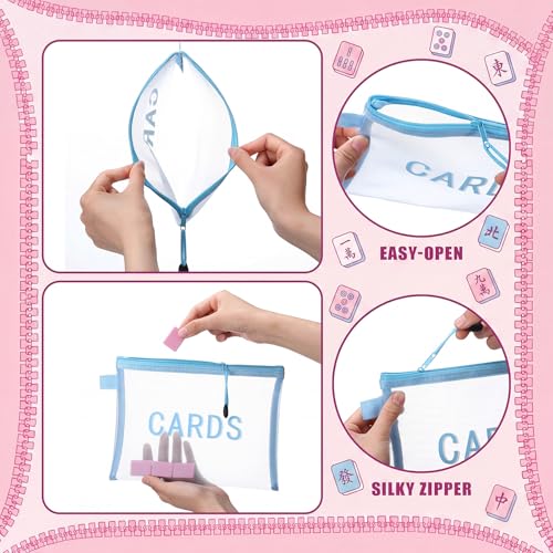 Pink & Blue Mahjong Card Clutch Holder Pouch 9.45 x 6.89 Inches, Protective Case with Zipper, Ideal for Game Night & Gift