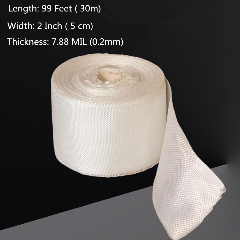 SICCOMA Fiberglass Cloth Roll Non Adhesive Woven Fiberglass Mesh Tape Fiberglass Insulation Tape Plain Weave Fiberglass Cloth Tape for Reinforced Repair Winding, Seams, Boat, Molding (2 in x 99 FT)