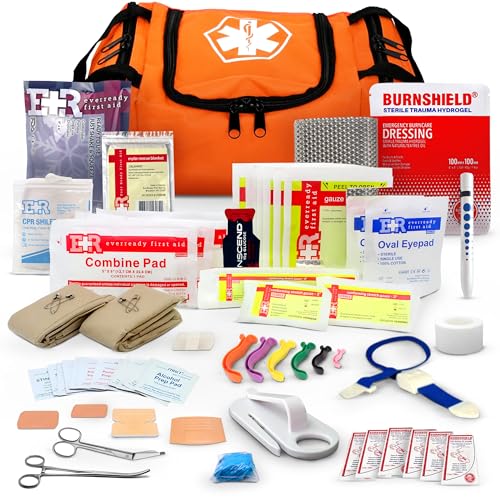 Dixie EMS Fully Stocked Trauma First Aid Kit - First Responder II Orange Bag with Tools & Gauze